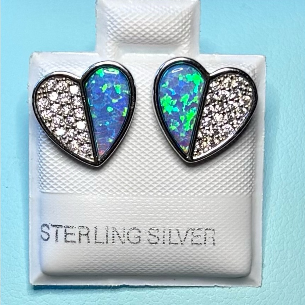 Blue Opal CZ Sterling Silver Heart Earrings